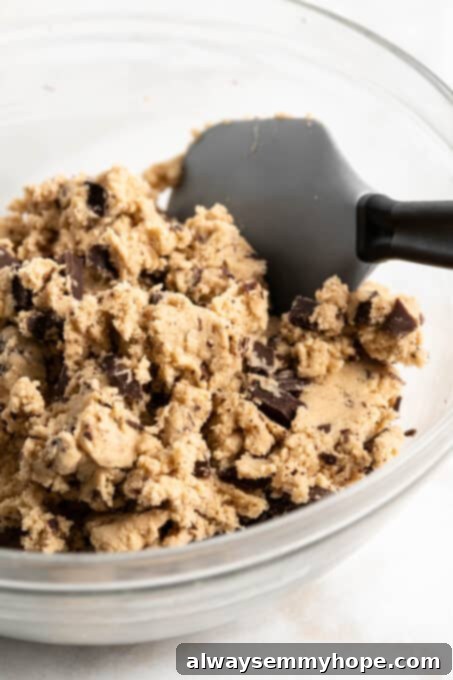Plant-Based Chocolate Chip Bliss 10 Close-up overhead view of thick vegan chocolate chip cookie dough in a glass bowl with a rubber spatula, showcasing its perfect texture after chilling.