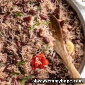 Authentic Jamaican Rice and Peas 2 Top-down view of Jamaican rice and peas in skillet