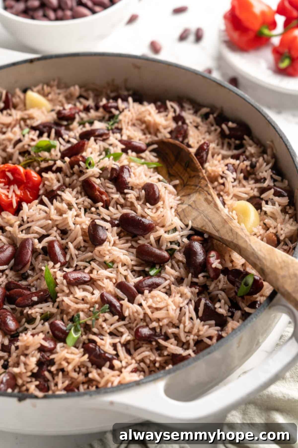 This authentic Jamaican rice and peas recipe is an easy side dish with lots of island vibes! It's packed with flavour and so simple to make. Close-up of a pan filled with beautifully cooked authentic Jamaican rice and peas, showing the rich color and fluffy texture.