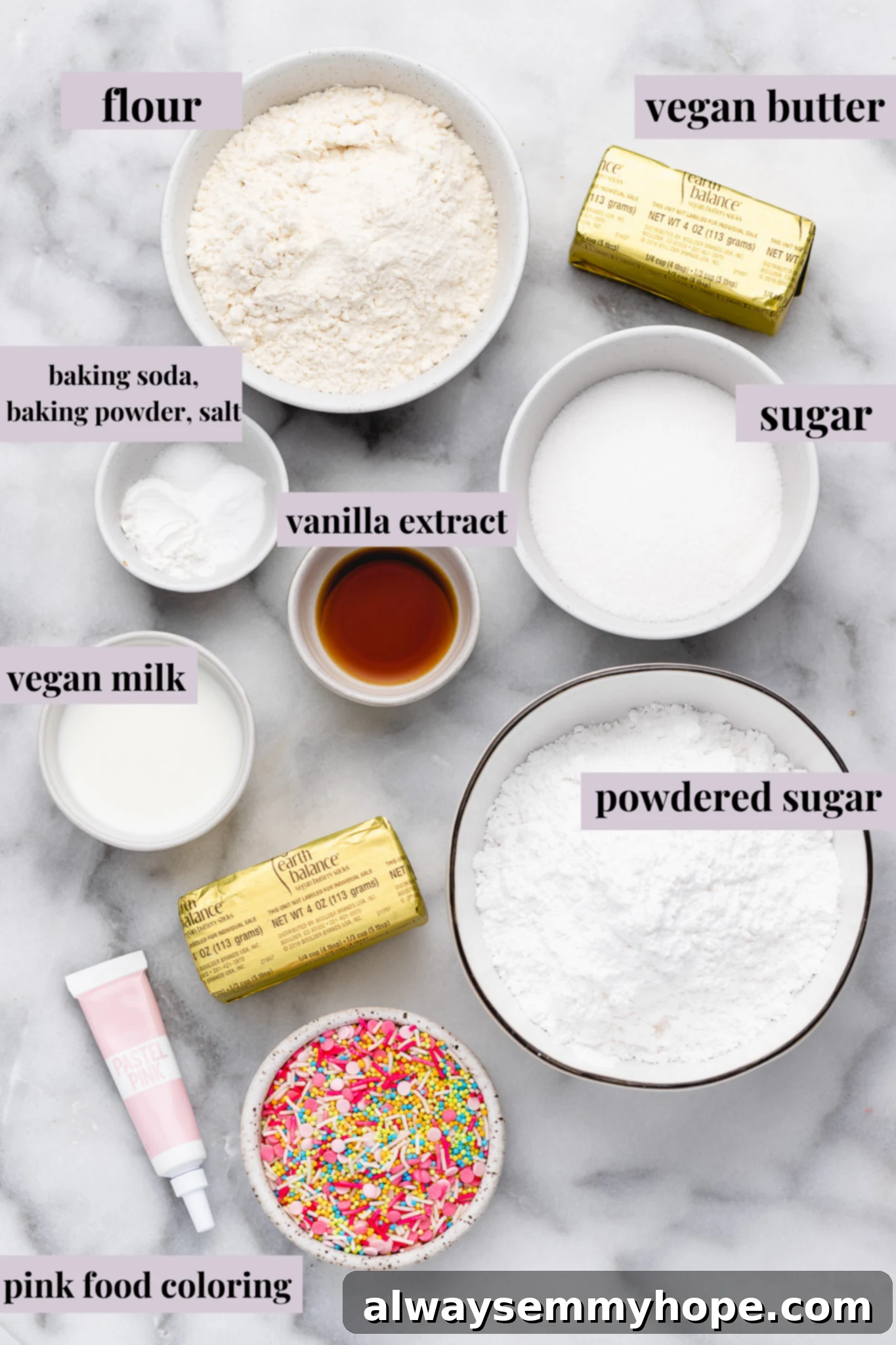 These vegan frosted sugar cookie bars have all the flavor of a classic sugar cookie, without the dairy and eggs! Overhead view of vegan sugar cookie bar ingredients