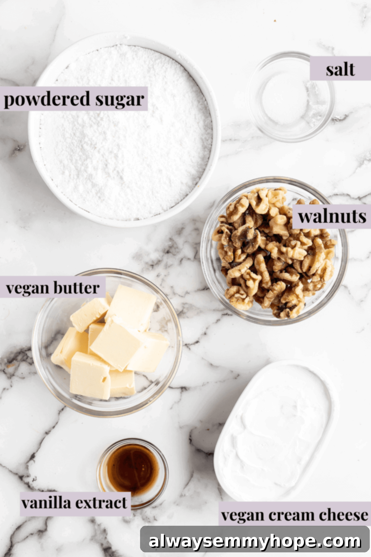 Overhead view of carrot cupcake frosting ingredients with labels