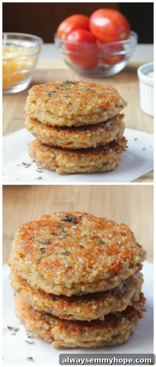 A close-up shot of two perfectly cooked Sun-dried Tomato and Mozzarella Quinoa Veggie Burgers, stacked gently on a patterned napkin, highlighting their golden-brown exterior and rustic texture.