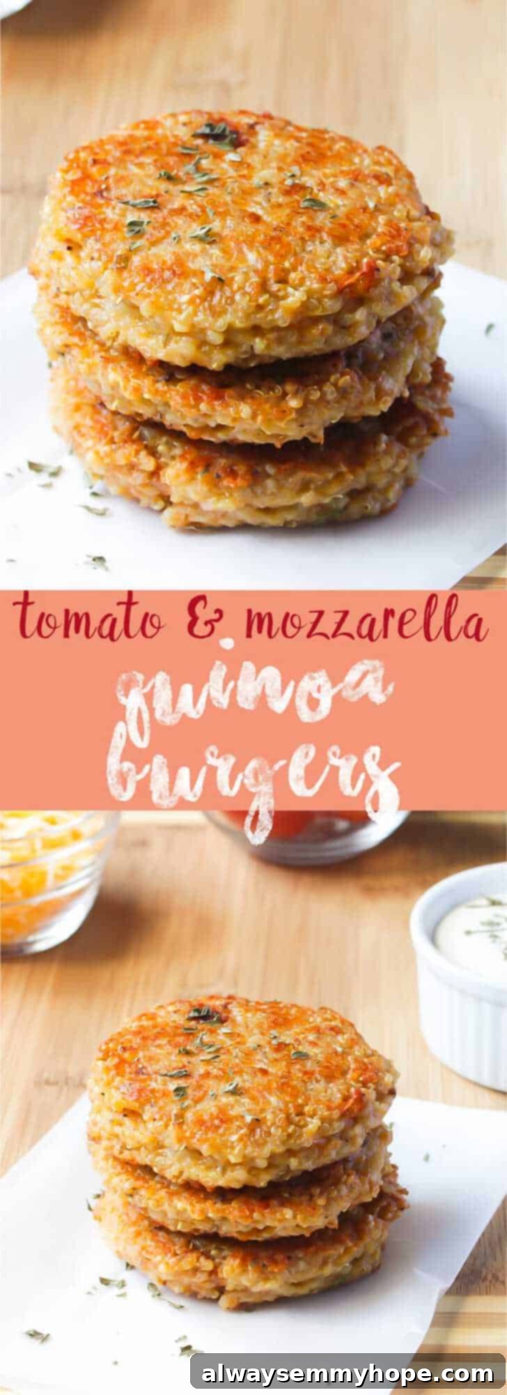 Promotional image for Sun-dried Tomato and Mozzarella Quinoa Burgers, highlighting them as crazy delicious, flavorful, filling, and easy to make gluten-free and vegan, sourced from jessicainthekitchen.com.