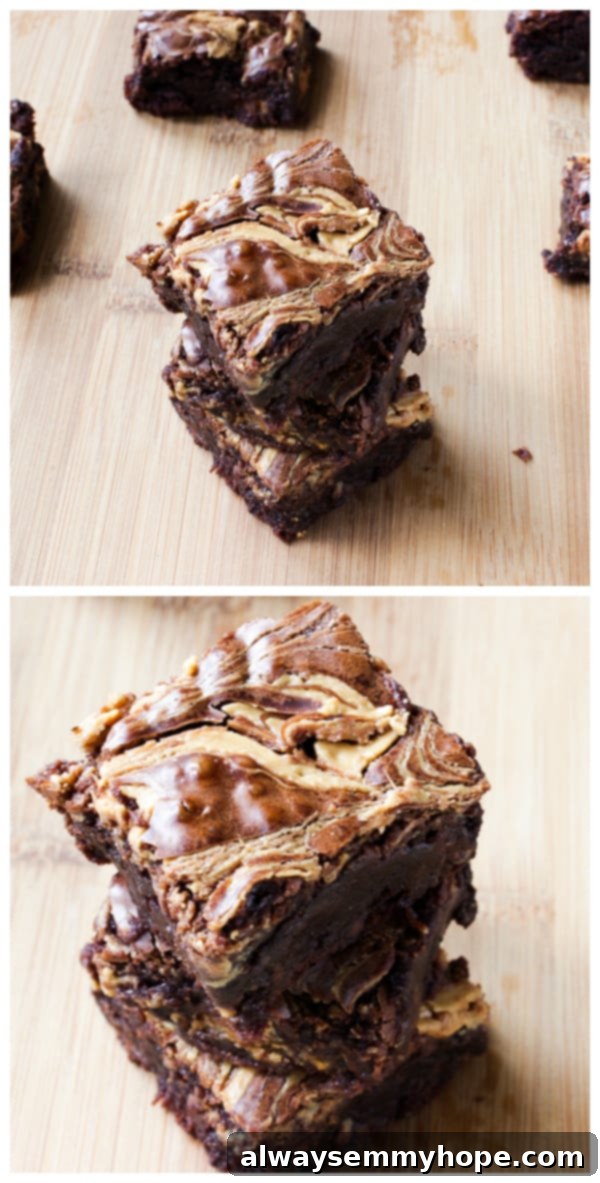 Perfect Peanut Butter Swirl Brownies Delicious Peanut Butter Swirl Brownies cooling on a wooden table, showcasing their rich, fudgy texture and appealing swirl pattern.