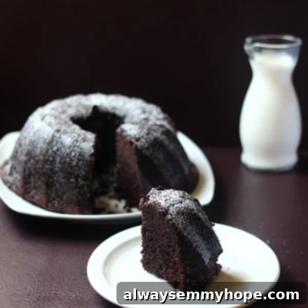 A perfectly baked, moist Guinness Chocolate Cake with a slice removed, showcasing its rich, dark crumb and a dusting of powdered sugar. Ideal for St. Patrick's Day celebrations.