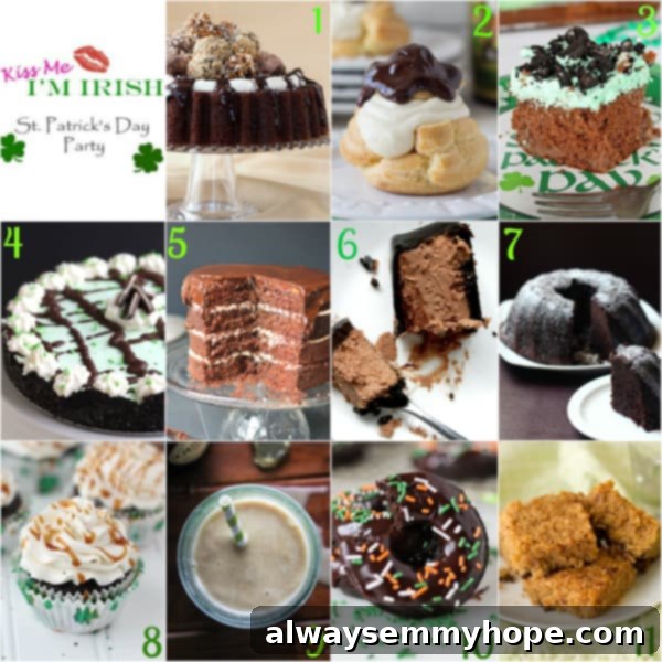 A vibrant montage of various St. Patrick's Day themed cakes and sweet treats from the #KissMeImIrish food blog collaboration.