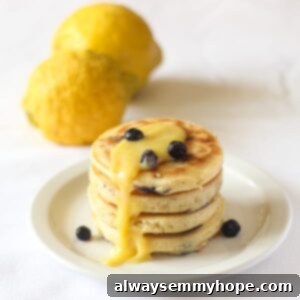 Luscious Lemon Blueberry Pancakes 2 Close-up of fluffy blueberry lemon pancakes with lemon curd, showcasing their delicious texture.