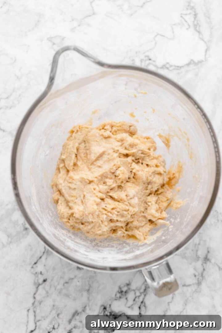 Overhead view of shaggy cinnamon roll dough in a mixing bowl before resting.