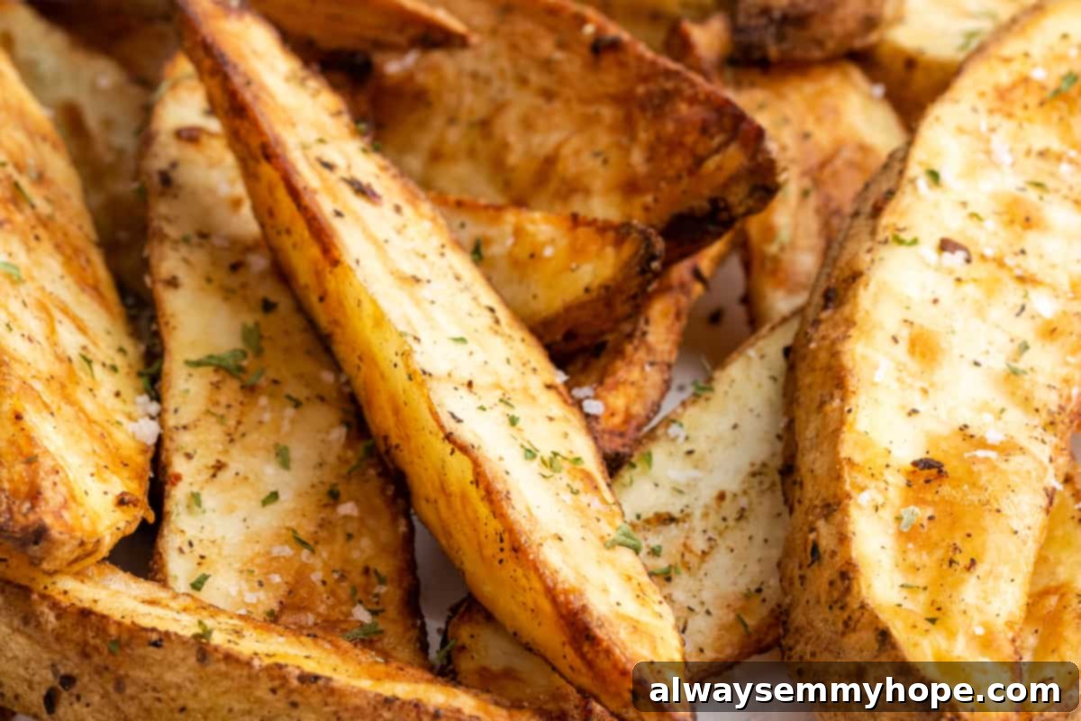 These quick and easy air fryer potato wedges are crispy on the outside, fluffy on the inside, and the perfect side for your burger. A close-up view of several perfectly golden-brown air fryer potato wedges, featuring visible crispy edges and the rich seasoning coating them. They look incredibly appetizing and ready to be served.