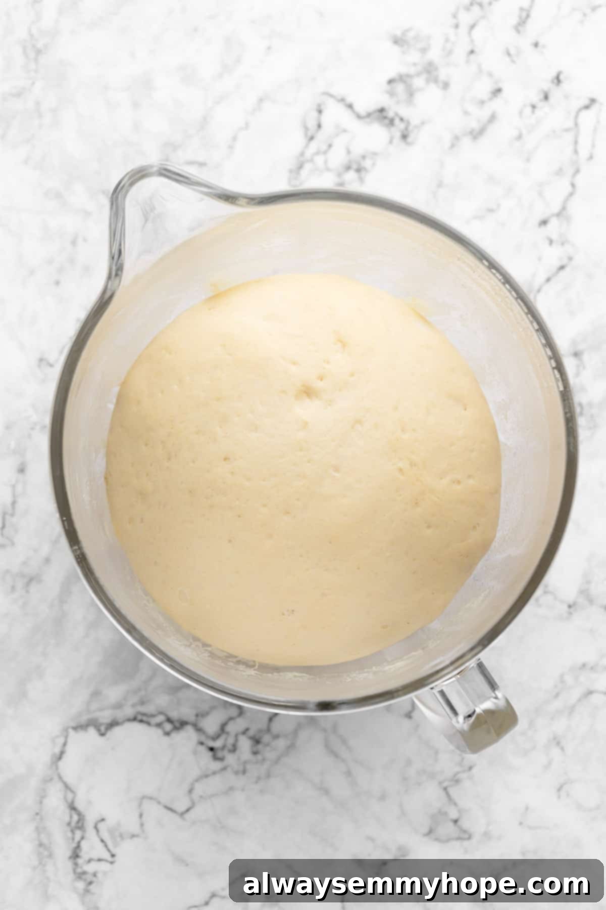 Fluffy Vegan Japanese Milk Bread 15 Overhead view of dough in glass mixing bowl
