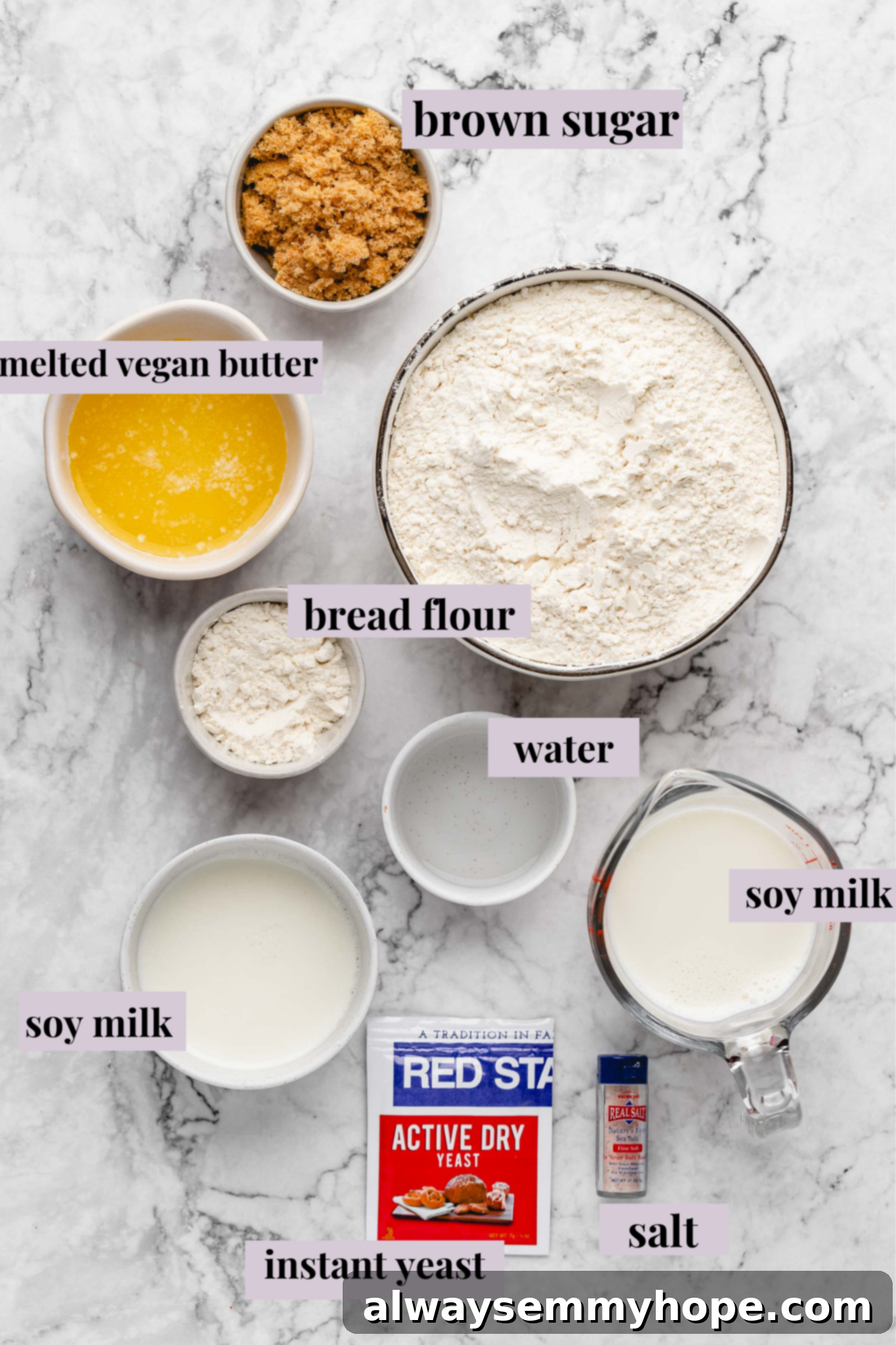 Fluffy Vegan Japanese Milk Bread 4 Overhead view of vegan milk bread ingredients with labels