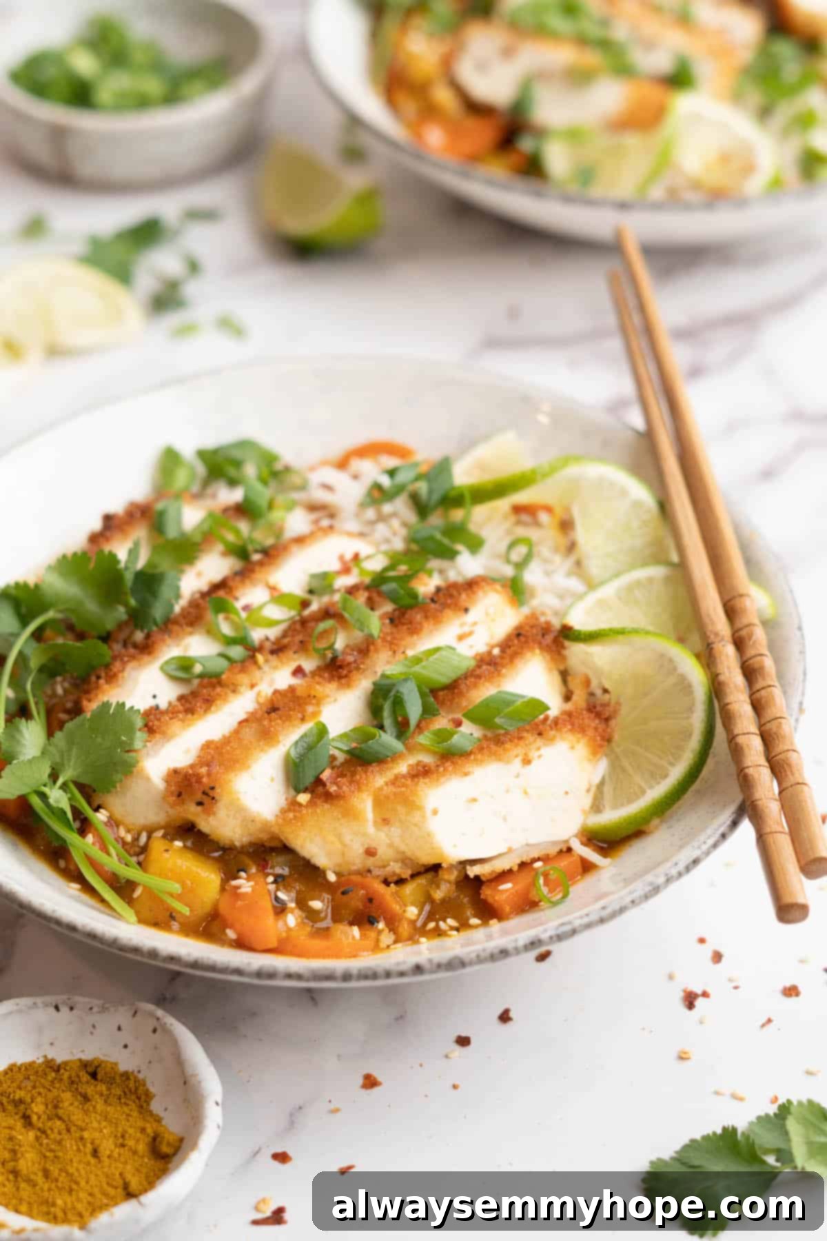 Bowl of katsu curry with tofu, garnished with cilantro, scallions, and lime slices