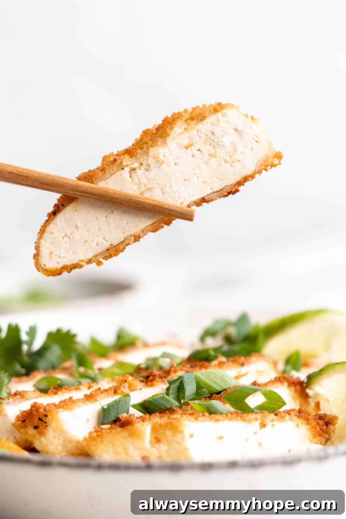 Picking up slice of tofu katsu cutlet with chopsticks