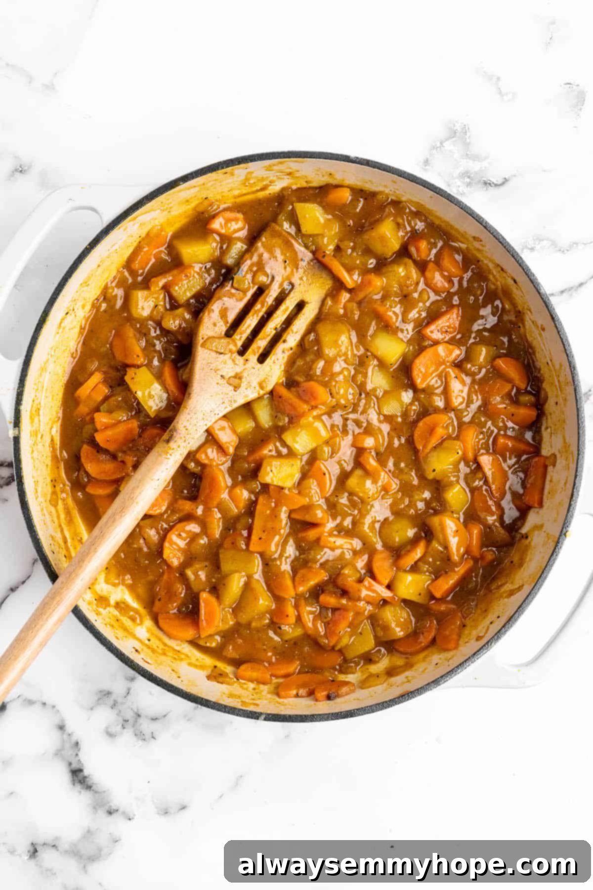Overhead view of katsu curry in pot