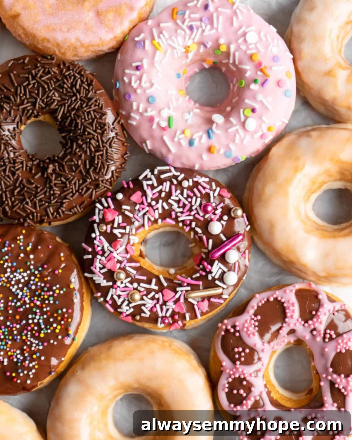 Beautifully decorated vegan donuts with various glazes and sprinkles