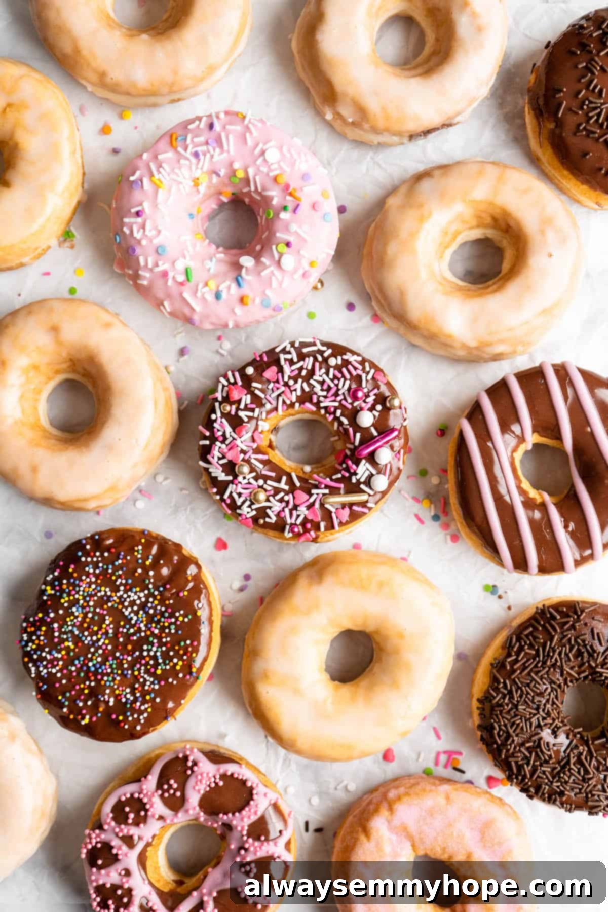 An assortment of vegan donuts decorated with different glazes and colorful sprinkles