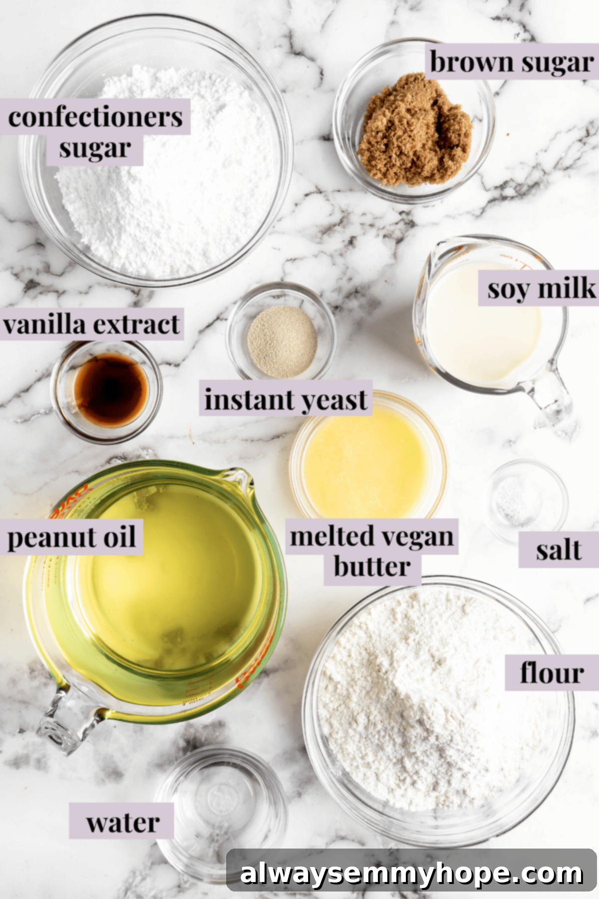 Overhead view of all the measured vegan donut ingredients, clearly labeled