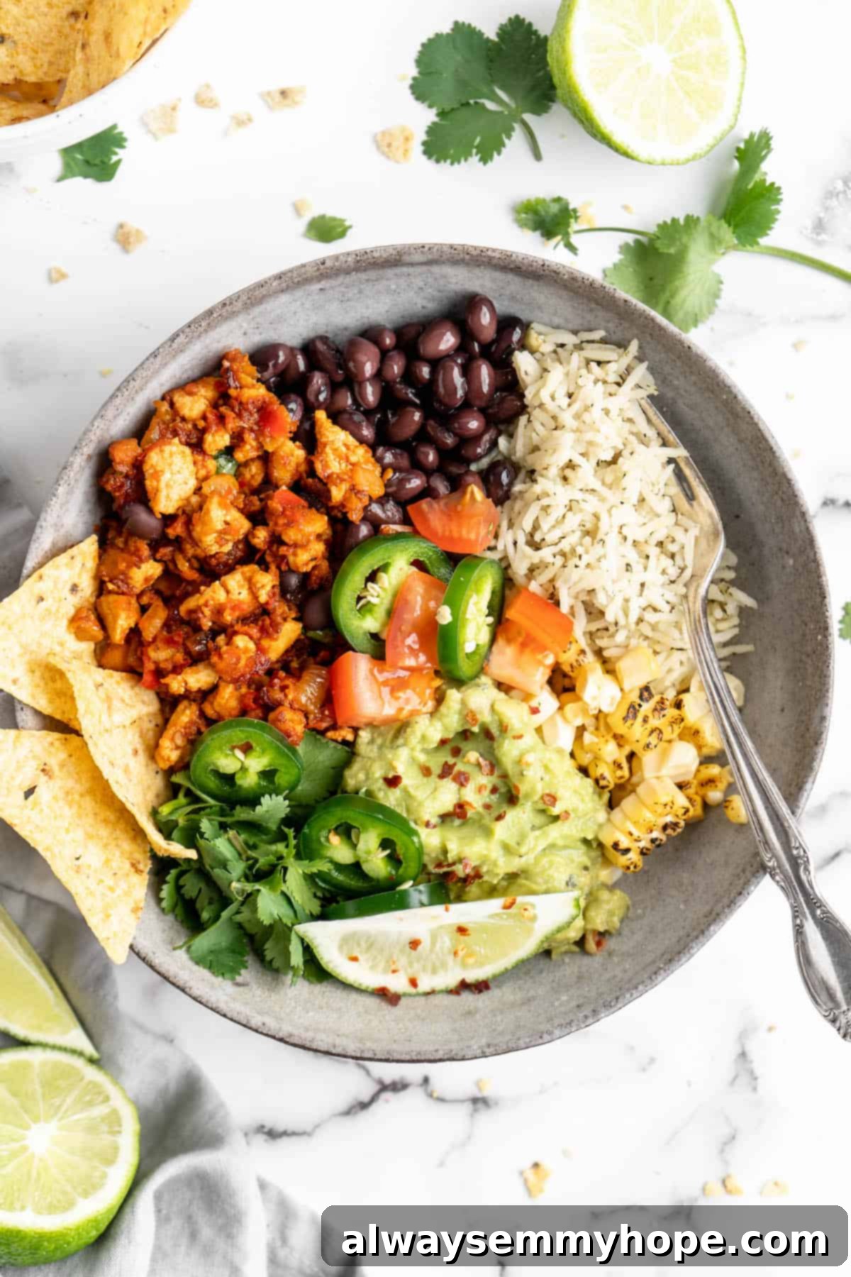 Homemade Chipotle Sofritas 2 Overhead view of loaded burrito bowl with sofritas, garnished with cilantro and lime