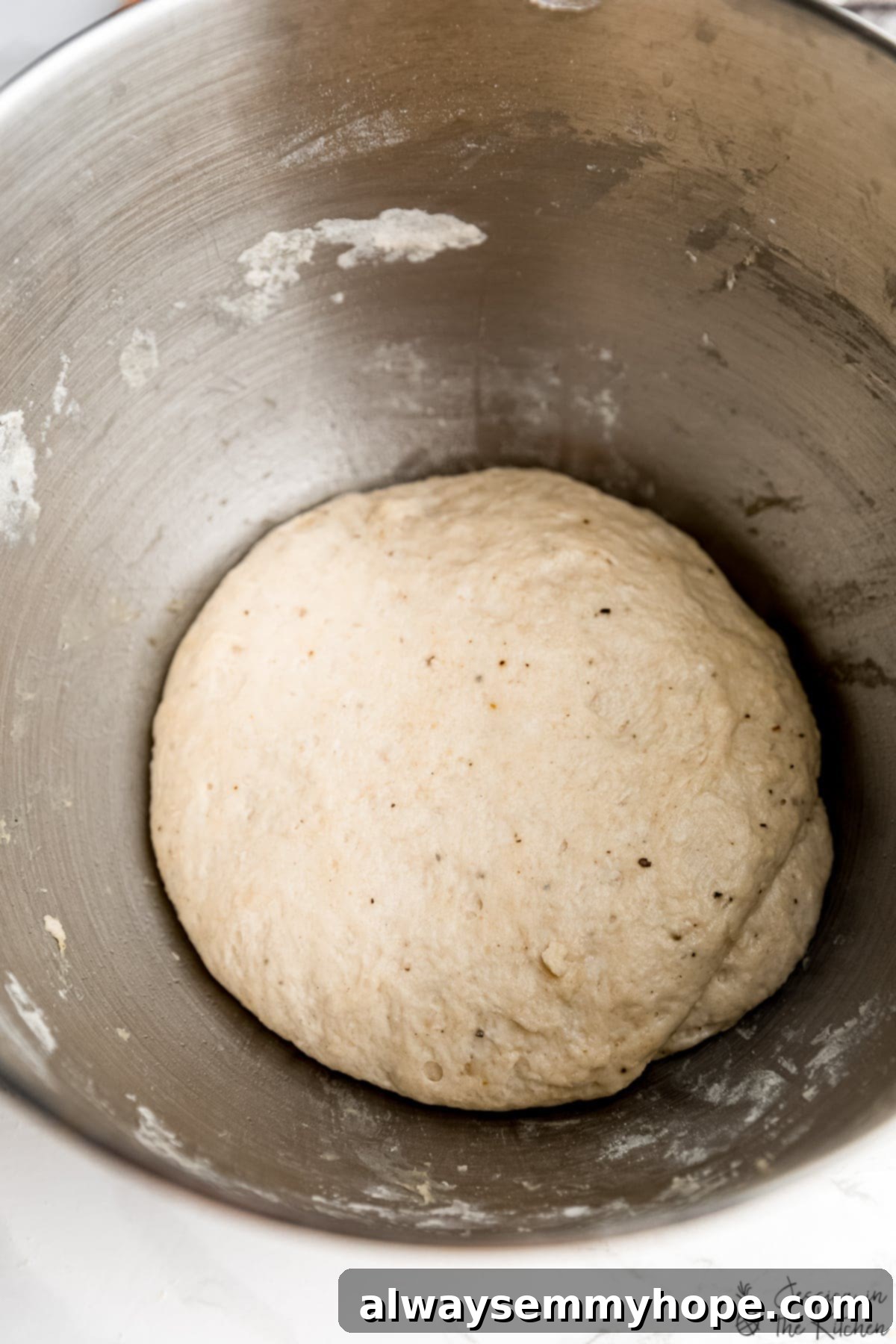 Delicious Homemade Vegan Naan 7 Smoothed vegan naan dough rising in a mixing bowl, covered.
