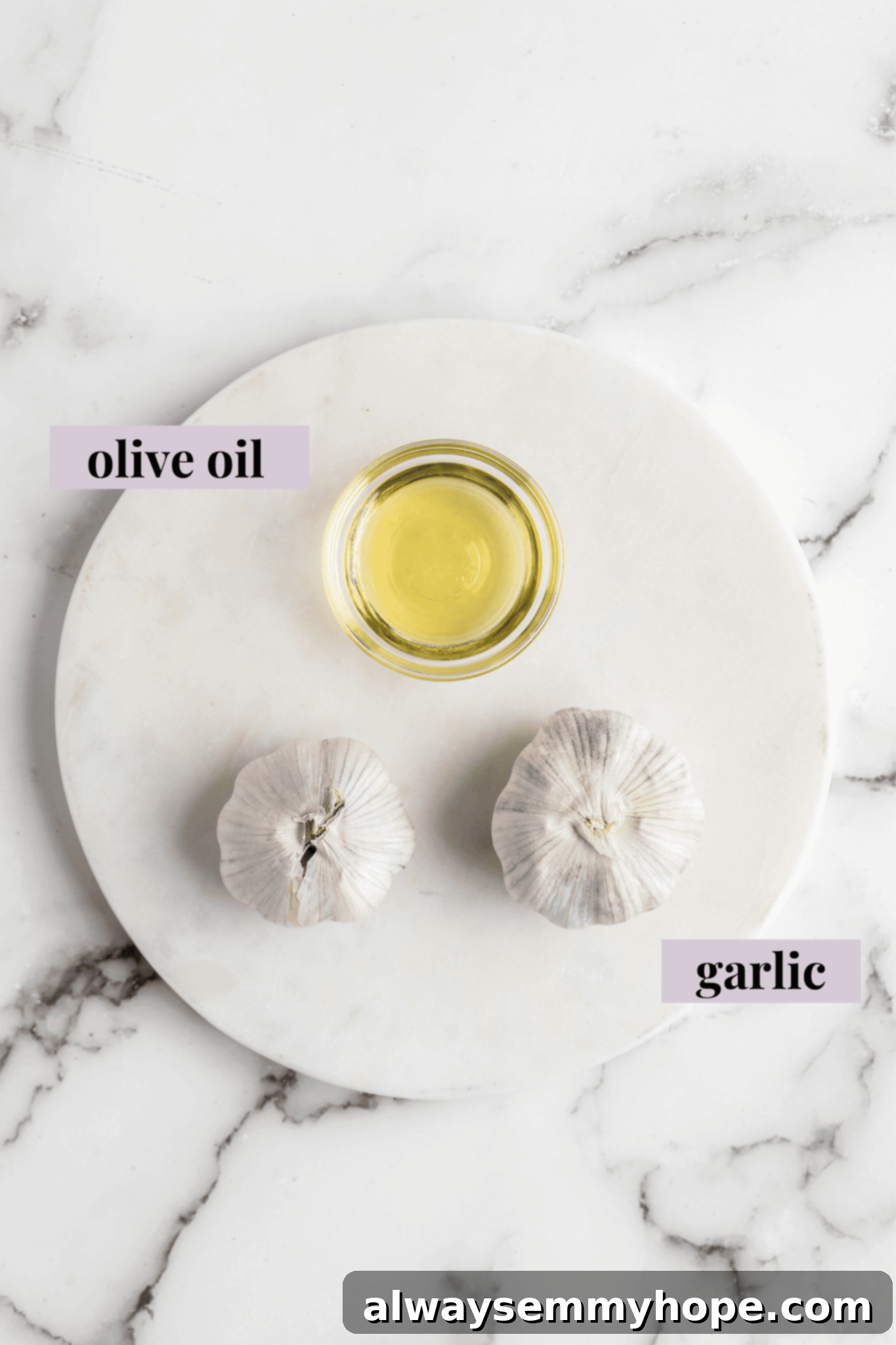 Overhead view of ingredients for roasted garlic