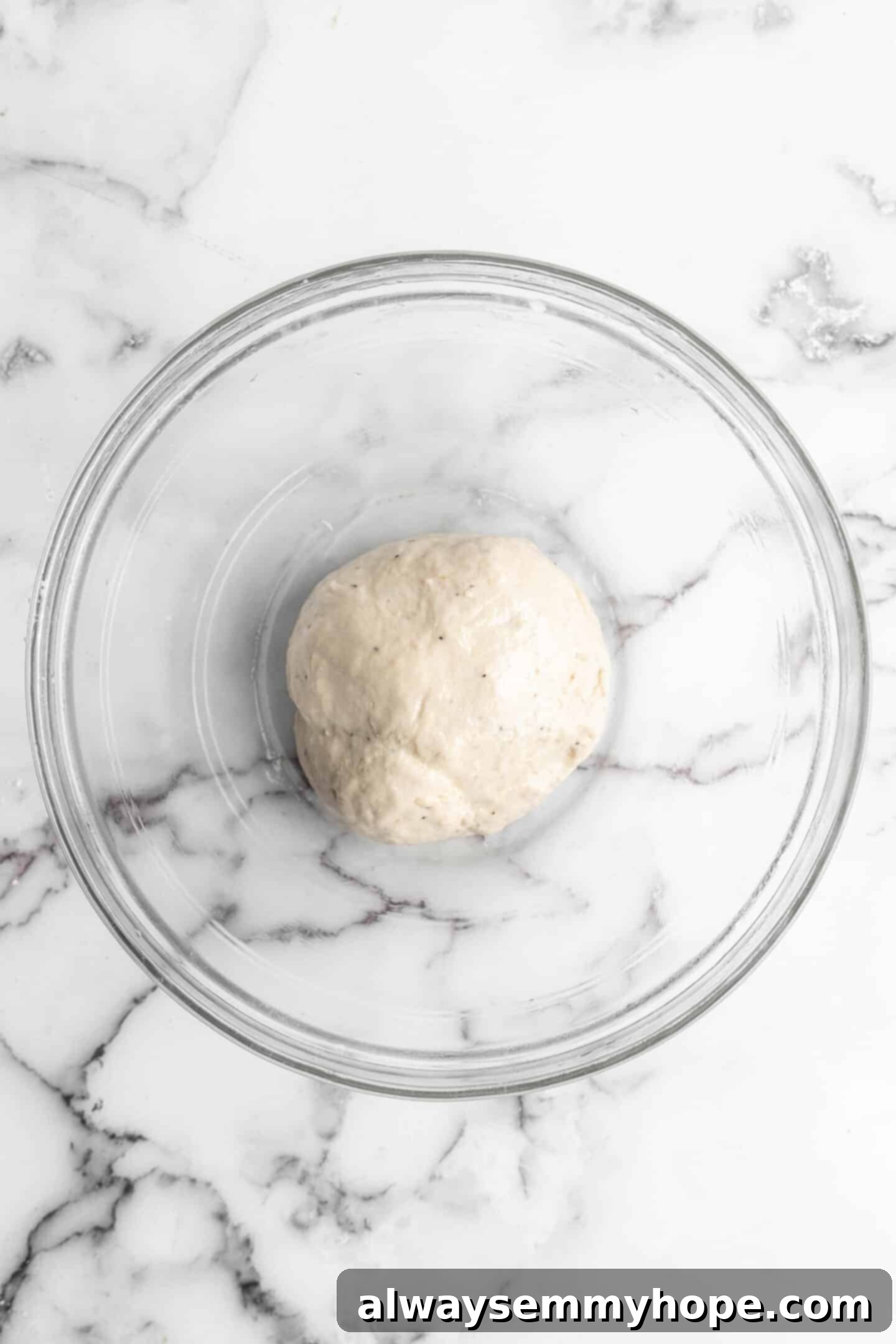 This vegan garlic naan recipe is chewy, soft, and easy to make at home! It's full of garlic flavour and perfect for pairing with curry! Overhead view of a smooth ball of naan dough resting in a glass bowl, covered for rising.