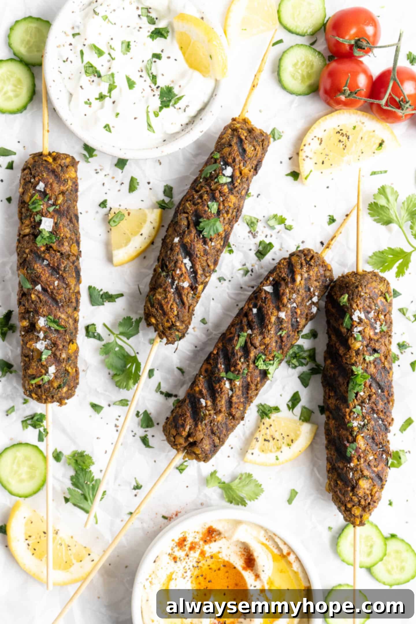 Four perfectly grilled vegan kofta skewers arranged neatly, showcasing their golden-brown char and inviting texture.