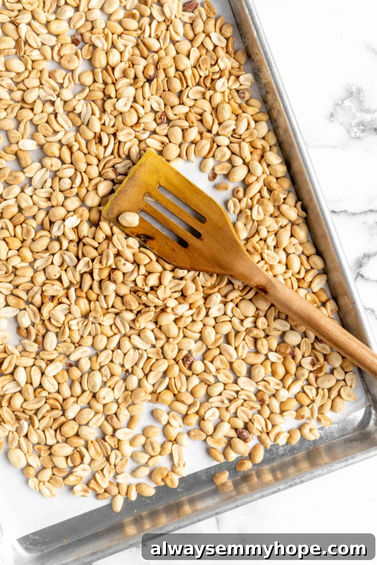 Overhead view of peanuts on baking sheet with wooden spatula