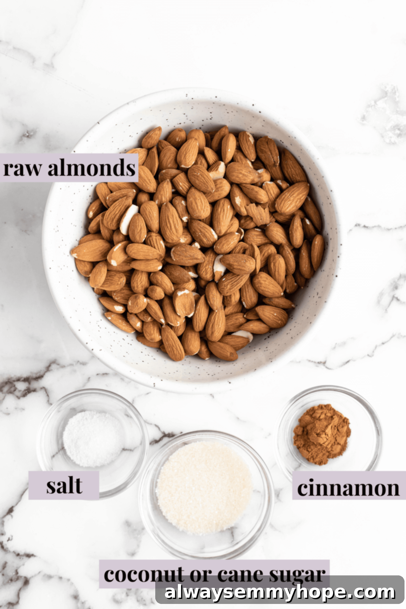 Overhead view of raw almonds, sea salt, and optional sweeteners on a wooden surface, ready for making almond butter