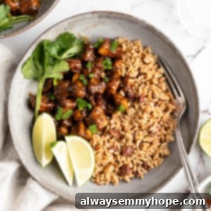 Tropical Jerk Tofu 2 Overhead view of jerk tofu in bowl with rice, lime wedges, and cilantro