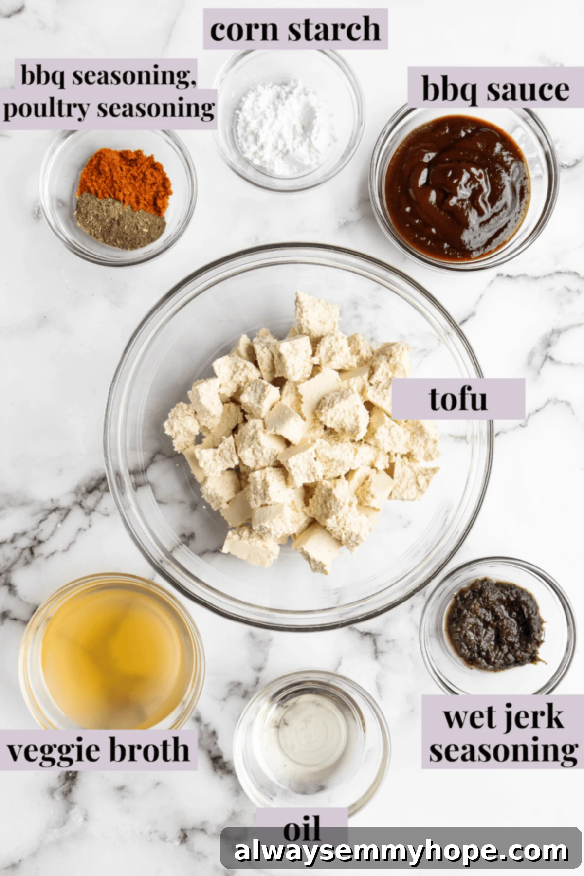 This Jamaican jerk tofu is the real deal! It's spicy, saucy, and just a little bit sweet. It's also super easy to make for a weeknight meal! Overhead view of ingredients for jerk tofu