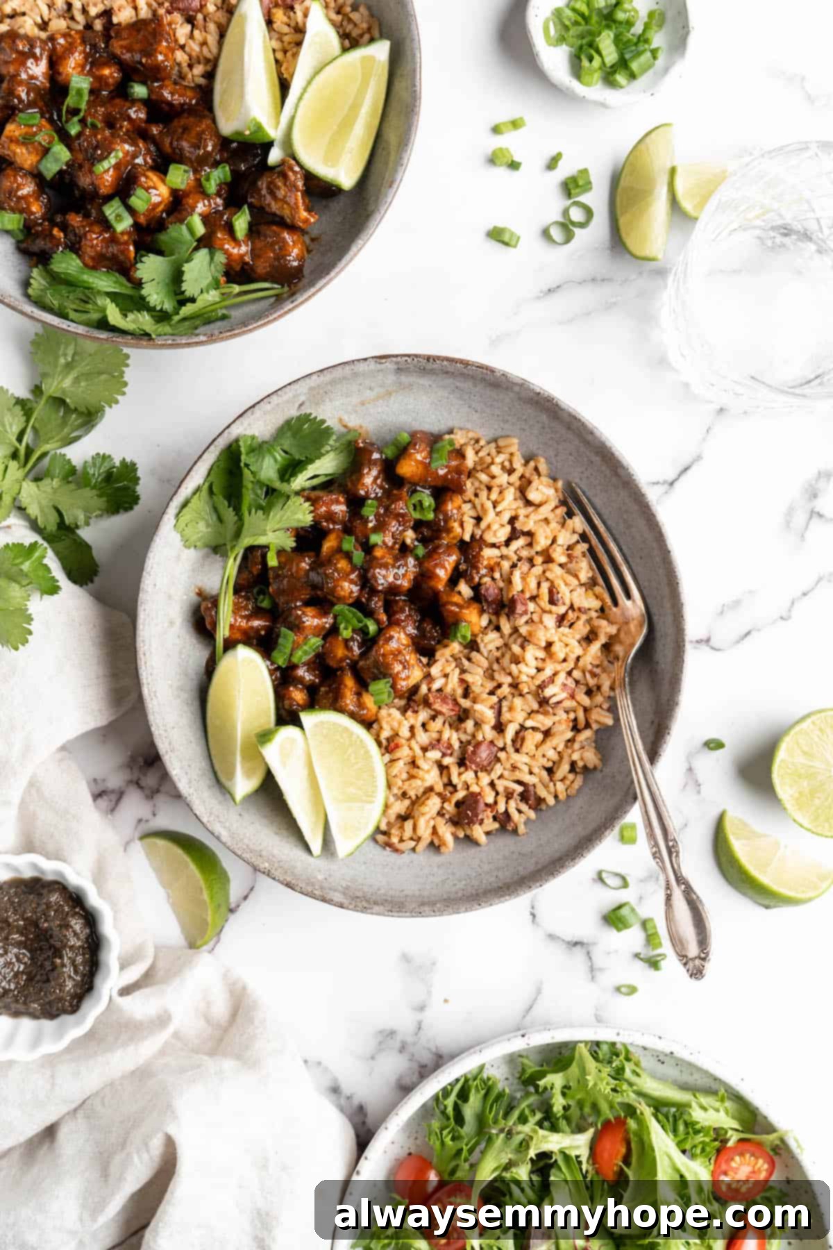 This Jamaican jerk tofu is the real deal! It's spicy, saucy, and just a little bit sweet. It's also super easy to make for a weeknight meal! Overhead view of jerk tofu in bowls with rice and lime wedges