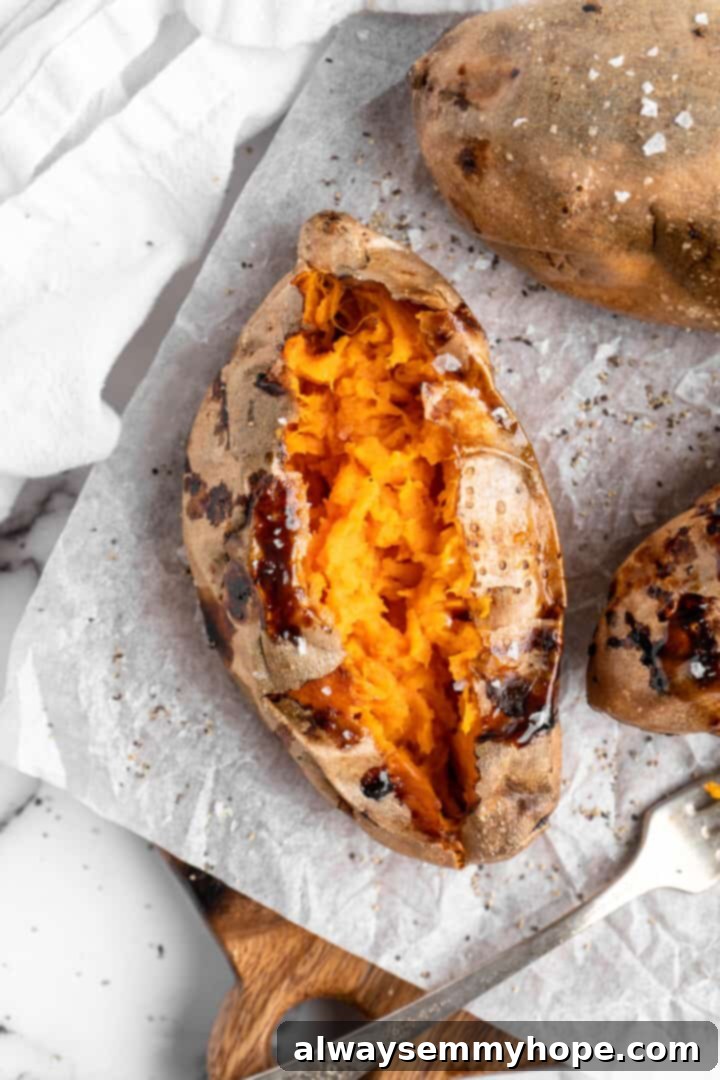 Air fryer sweet potato cut in half.