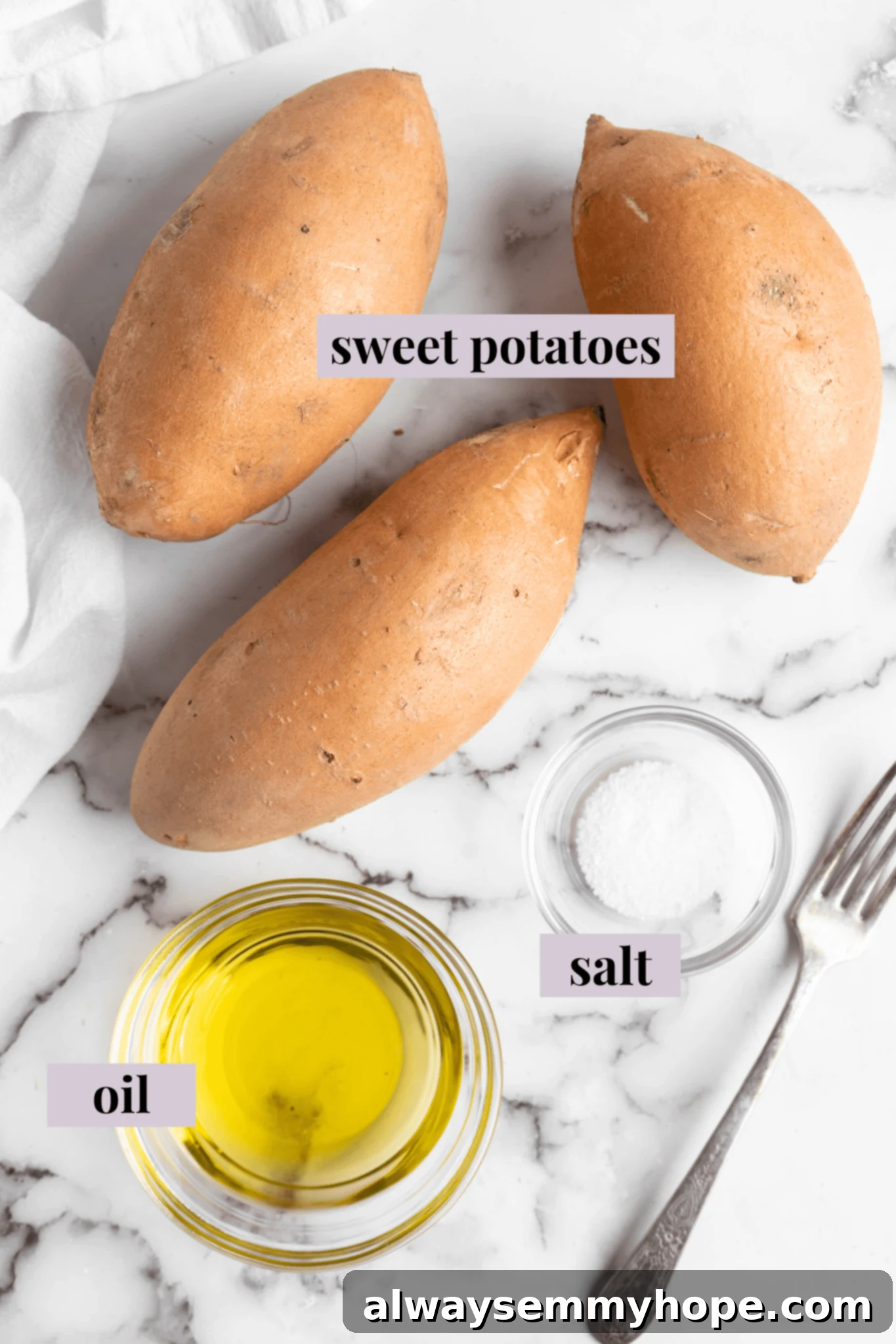 Overhead view of ingredients for air fryer sweet potatoes.