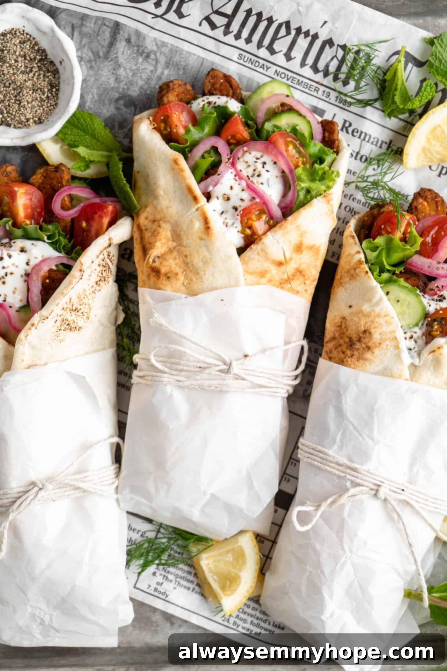 Three beautifully wrapped vegan tempeh gyros, tied with string and parchment, presented artfully.