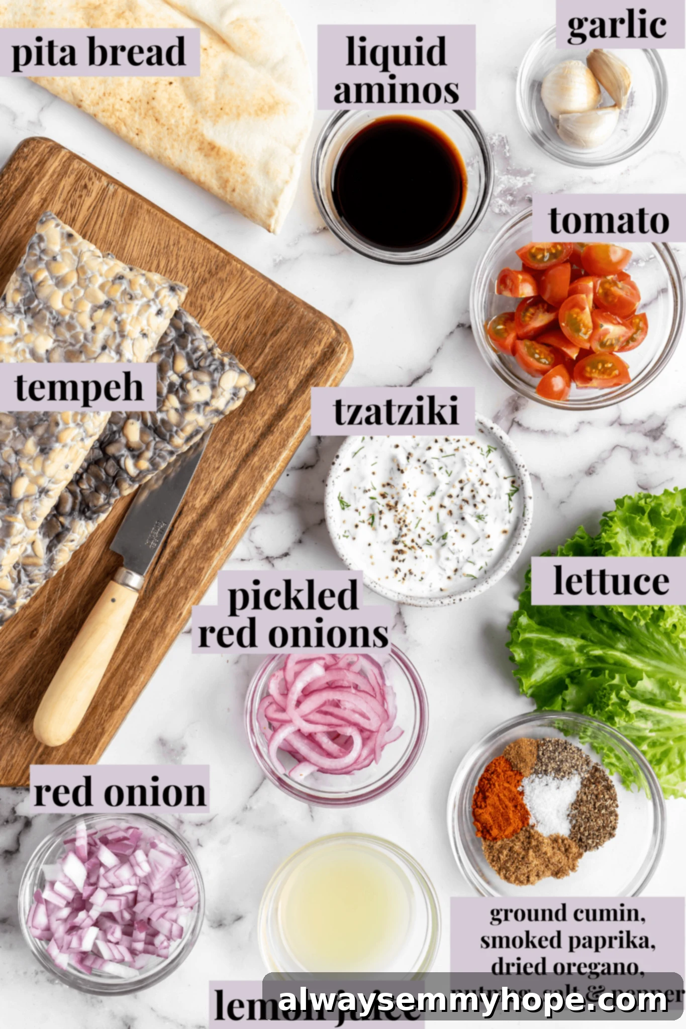 Overhead view of all the fresh ingredients laid out for making vegan gyros, including tempeh, vegetables, and spices.