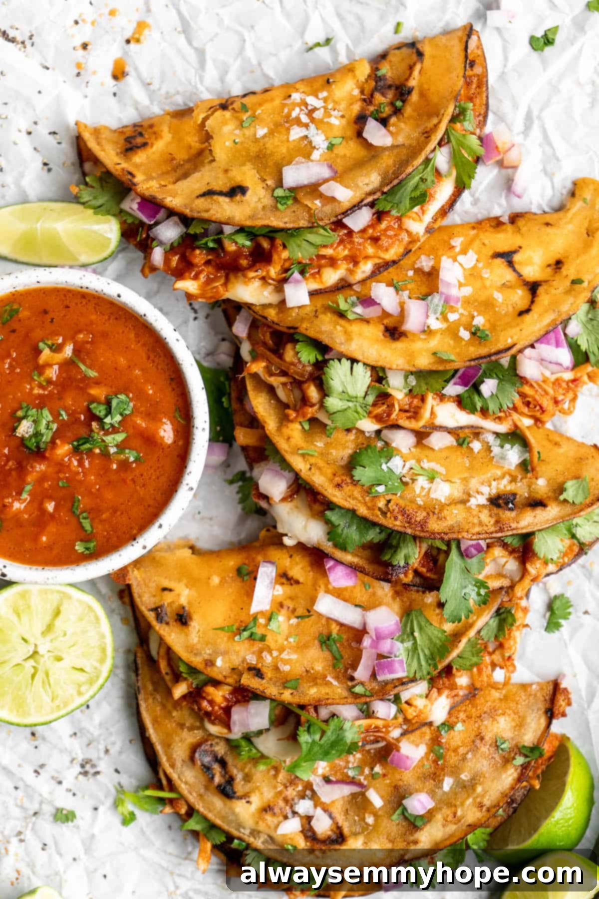 Vegan birria tacos use king oyster mushrooms to mimic the texture/flavour of the original. They’re smoky, crispy, and perfect for dipping! Overhead view of vegan birria tacos with a bowl of birria sauce.