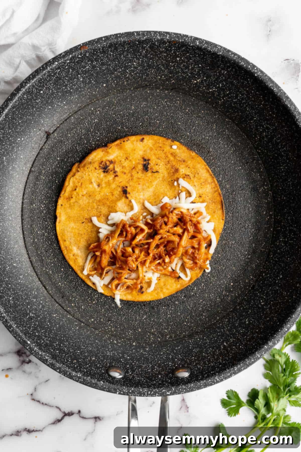 Vegan birria tacos use king oyster mushrooms to mimic the texture/flavour of the original. They’re smoky, crispy, and perfect for dipping! Overhead view of a tortilla in a skillet with cheese and mushroom birria.