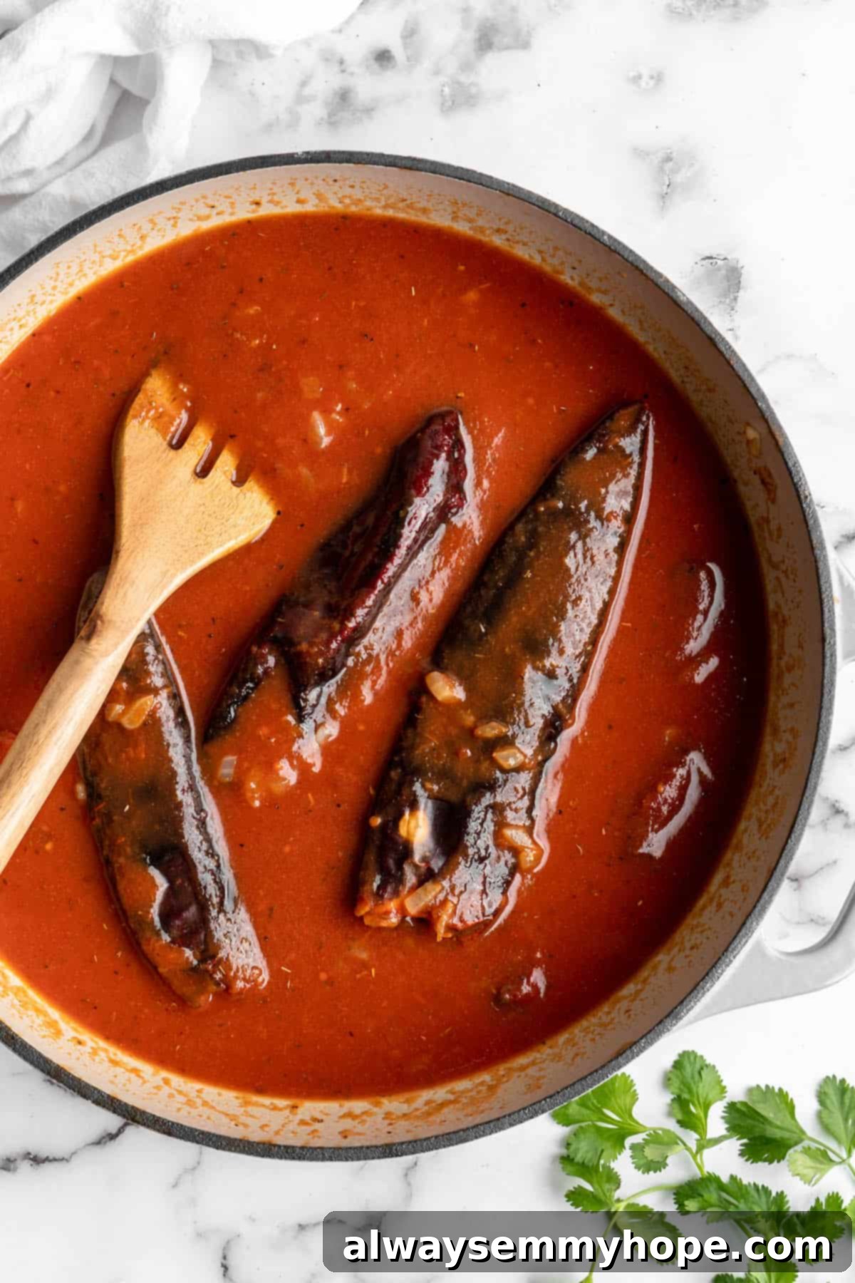 Vegan birria tacos use king oyster mushrooms to mimic the texture/flavour of the original. They’re smoky, crispy, and perfect for dipping! Overhead view of guajillo chiles in birria sauce.