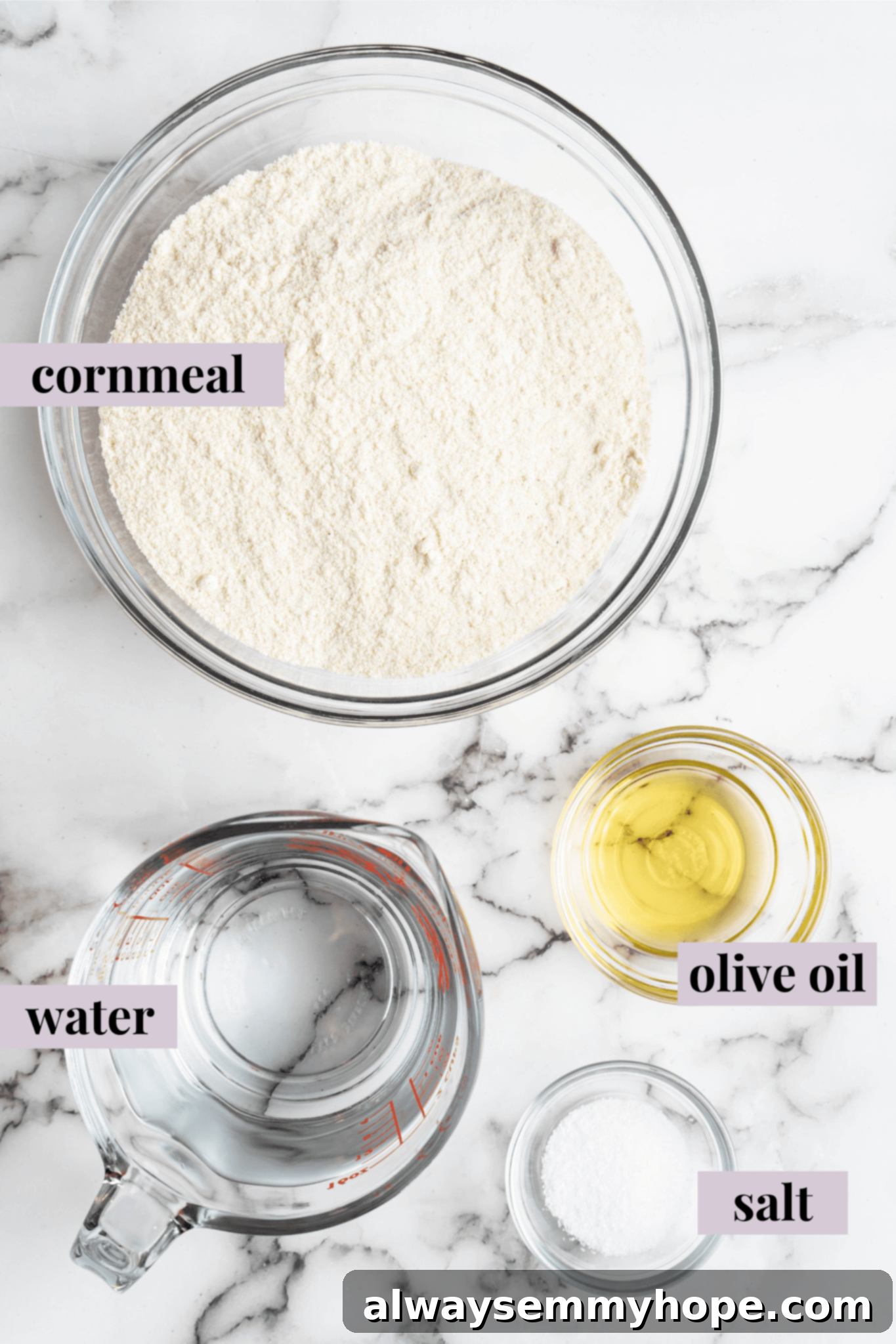 This step-by-step tutorial will show you how to make perfect vegan arepas with just a few ingredients. They're easier to make than you think! Overhead view of all the essential ingredients for making vegan arepas, neatly arranged with descriptive labels for clarity.