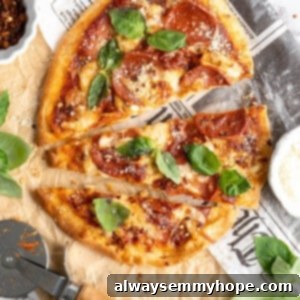 Overhead view of vegan naan pizza sliced into thirds