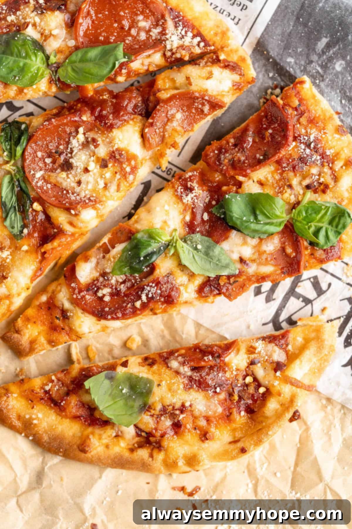 Overhead view of a freshly baked vegan naan pizza, perfectly sliced and ready to serve.