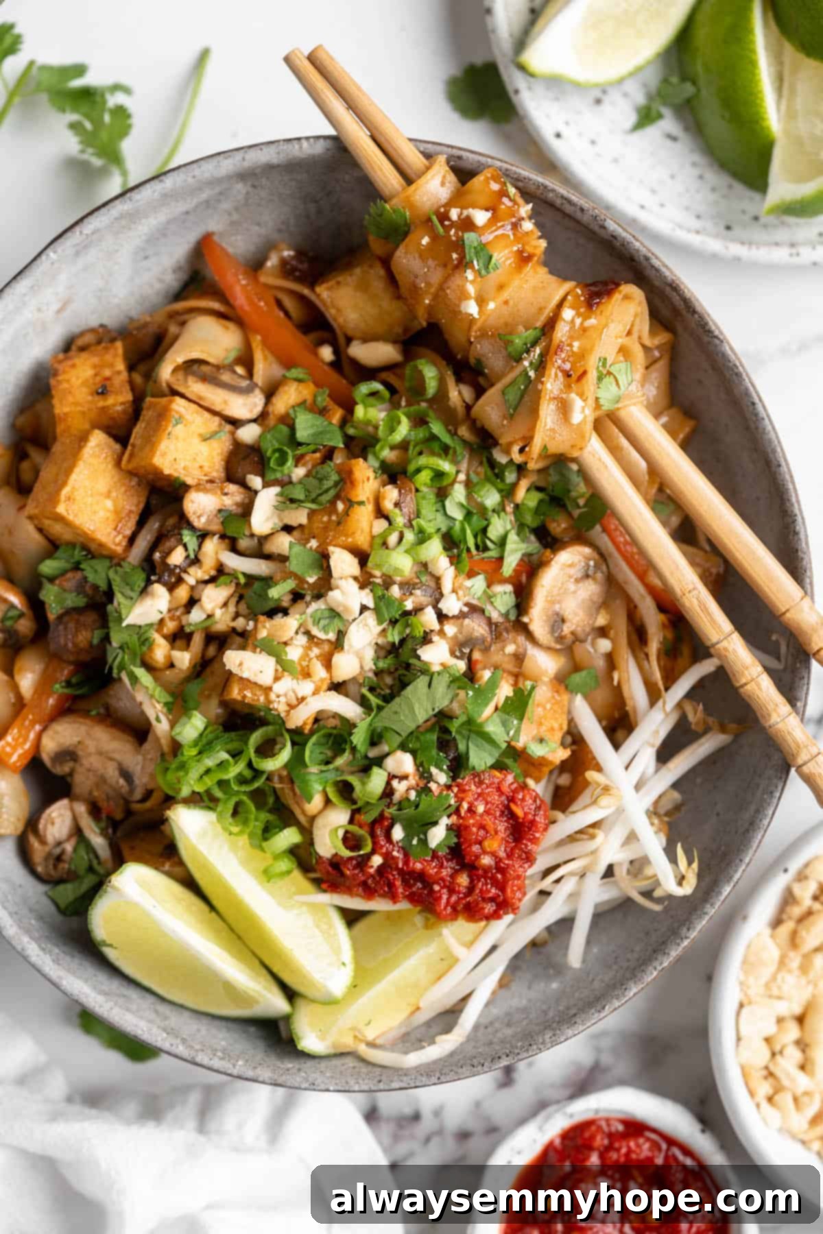 Overhead view of vegan Pad Thai in bowl with chopsticks