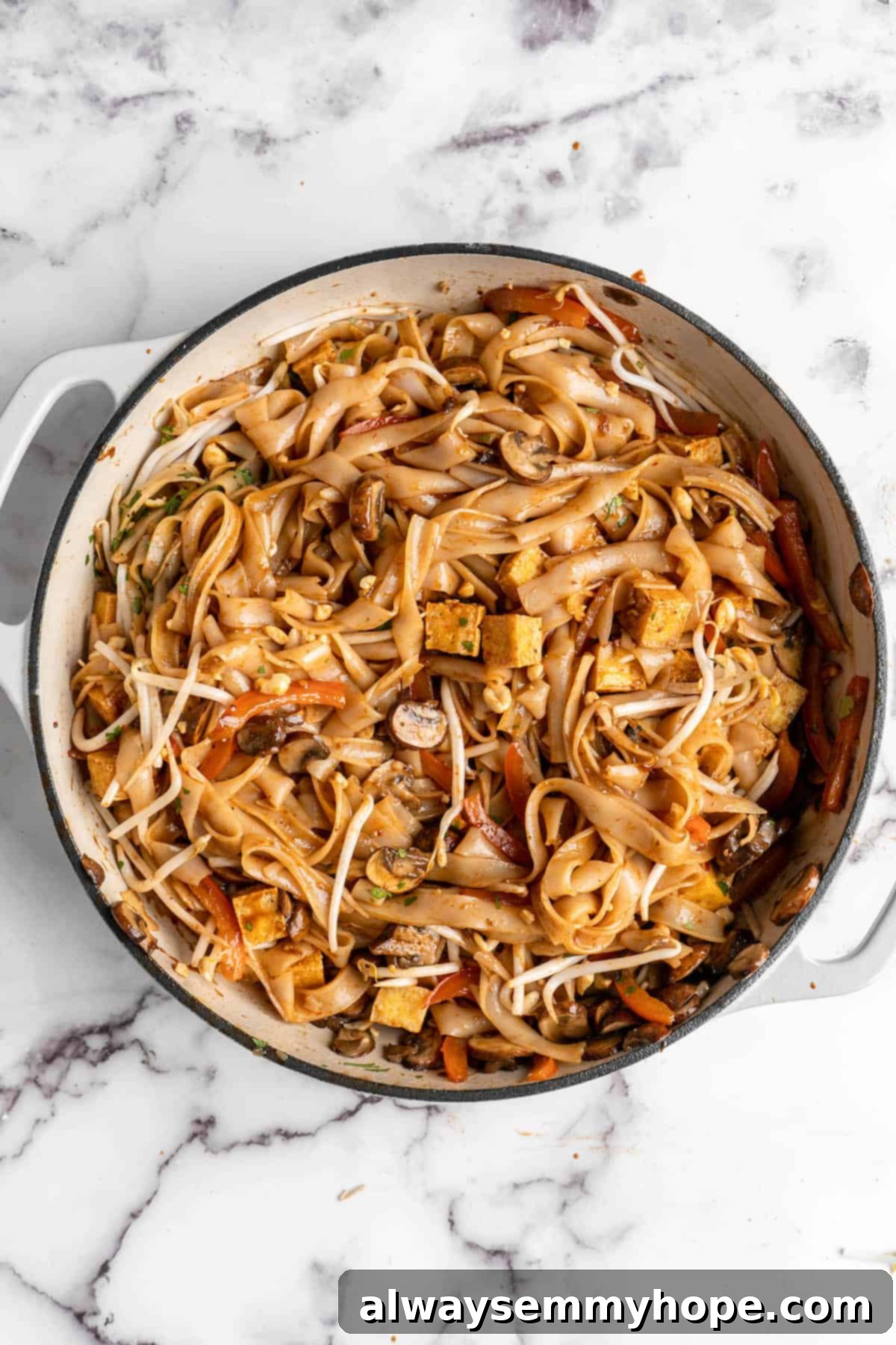 Overhead view of vegan Pad Thai in skillet before garnishing