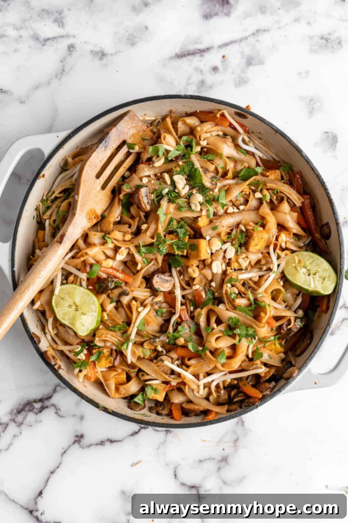 Overhead view of vegan Pad Thai in skillet