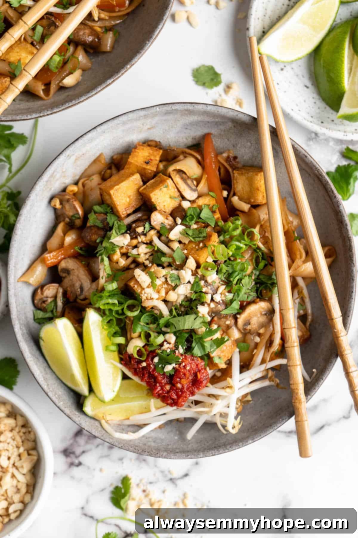 Overhead view of vegan Pad Thai with chopsticks