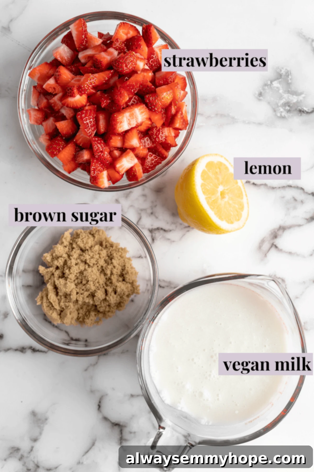 How to make vegan Korean strawberry milk! This easy recipe is made with 4 simple ingredients and each glass is full of fresh strawberries. Overhead view of fresh strawberries, brown sugar, lemon, and a carton of plant-based milk, representing the simple ingredients for vegan Korean strawberry milk.