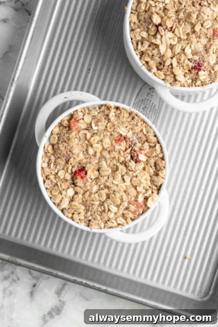 This vegan strawberry crumble is easy as can be! You only need 5 ingredients and a few minutes of assembly for the perfect summer dessert. Overhead view of unbaked strawberry crumbles