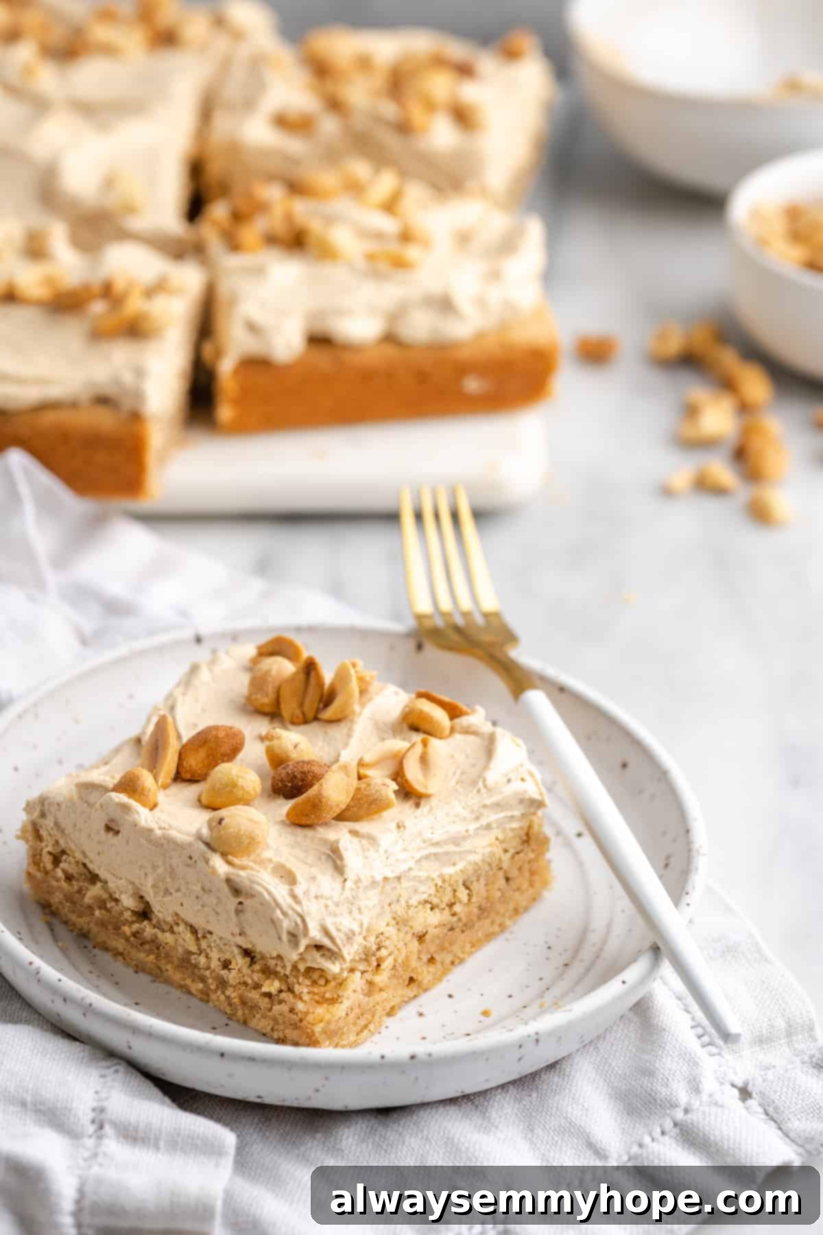Discover this delicious vegan peanut butter cake recipe: quick to make, bursting with flavor, and the perfect plant-based treat for coffee or ice cream lovers. A slice of fluffy vegan peanut butter cake topped with creamy peanut butter frosting and chopped peanuts, served on a white plate with the full cake visible in the background.