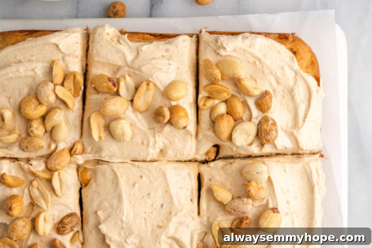 Several neat squares of vegan peanut butter cake, perfectly frosted and ready to be served, illustrating easy portioning.