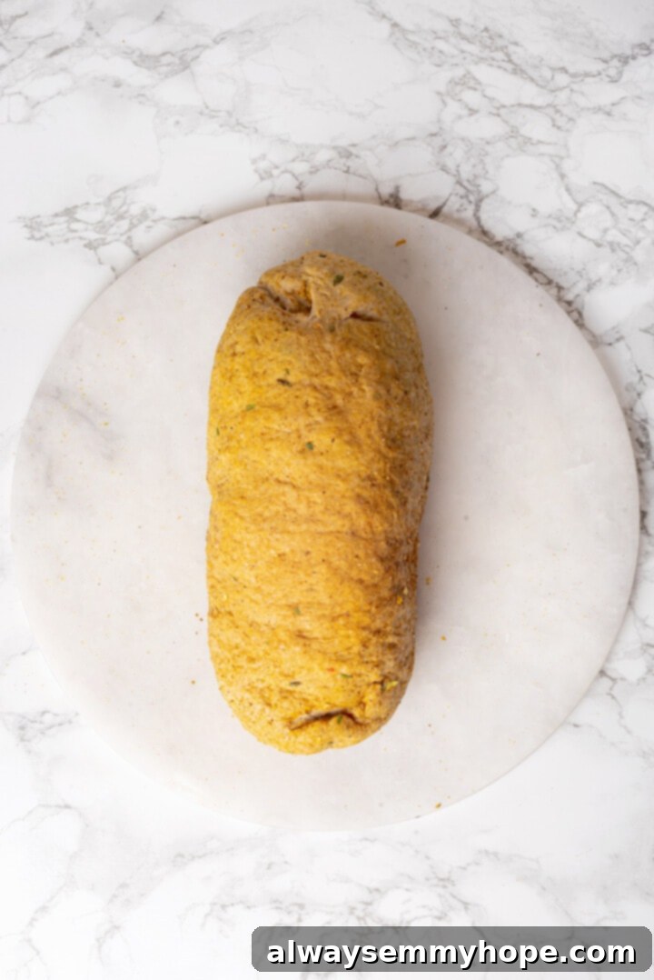 This homemade vegan turkey recipe is supremely flavourful and the perfect addition to any Thanksgiving table or holiday dinner! Overhead view of shaped vegan turkey